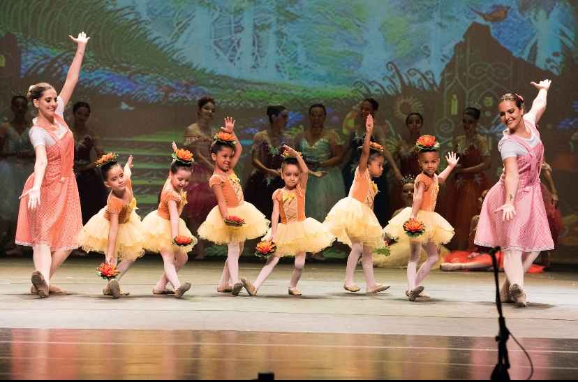 Bailarinas crianças e professoras fazendo uma apresentação a fim de ilustrar o desenvolvimento da psicomotricidade.